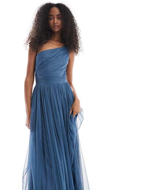 asos Lace & Beads Bridesmaid one shoulder maxi dress in deep blue