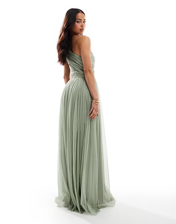Asos Lace & Beads Bridesmaid One Shoulder Maxi Dress In Dusty Sage