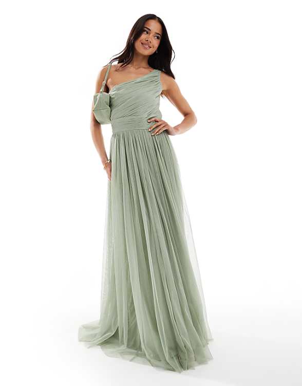 asos Lace & Beads Bridesmaid one shoulder maxi dress in dusty sage