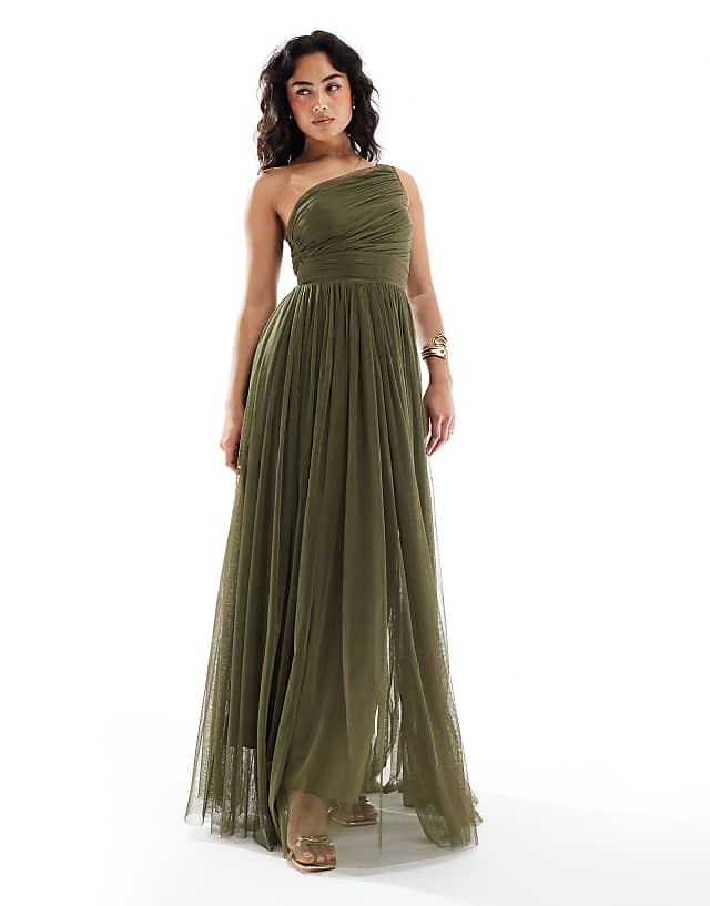 asos Lace & Beads Bridesmaid one shoulder maxi dress in deep olive