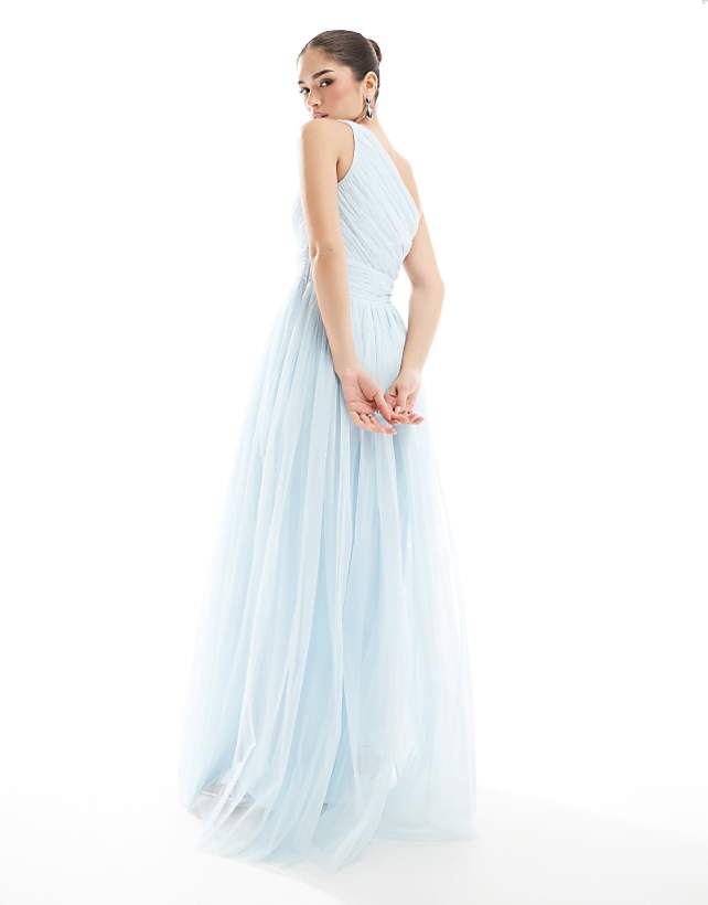 Asos Lace & Beads Bridesmaid One Shoulder Maxi Dress In Powder Blue