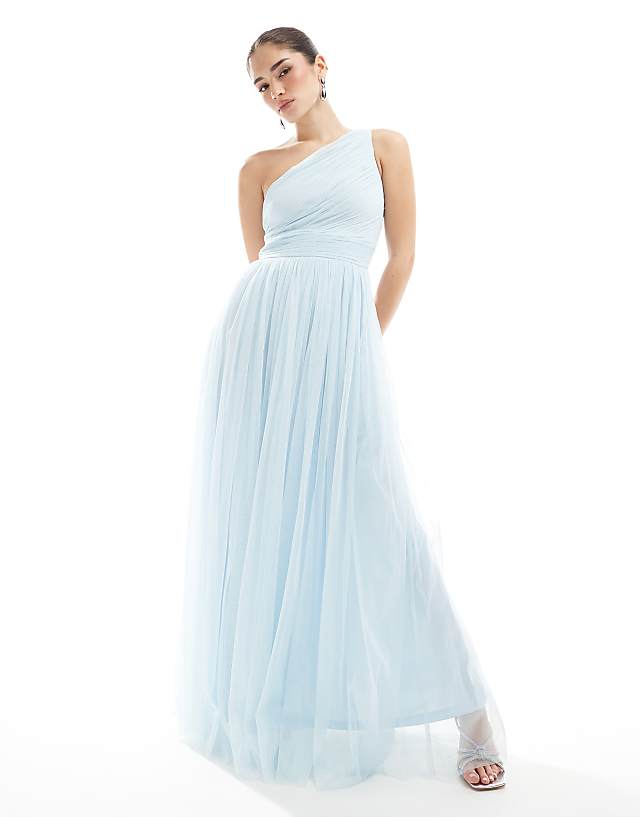 asos Lace & Beads Bridesmaid one shoulder maxi dress in powder blue