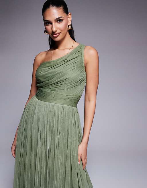 Asos Lace & Beads Bridesmaid One Shoulder Maxi Dress In Soft Olive