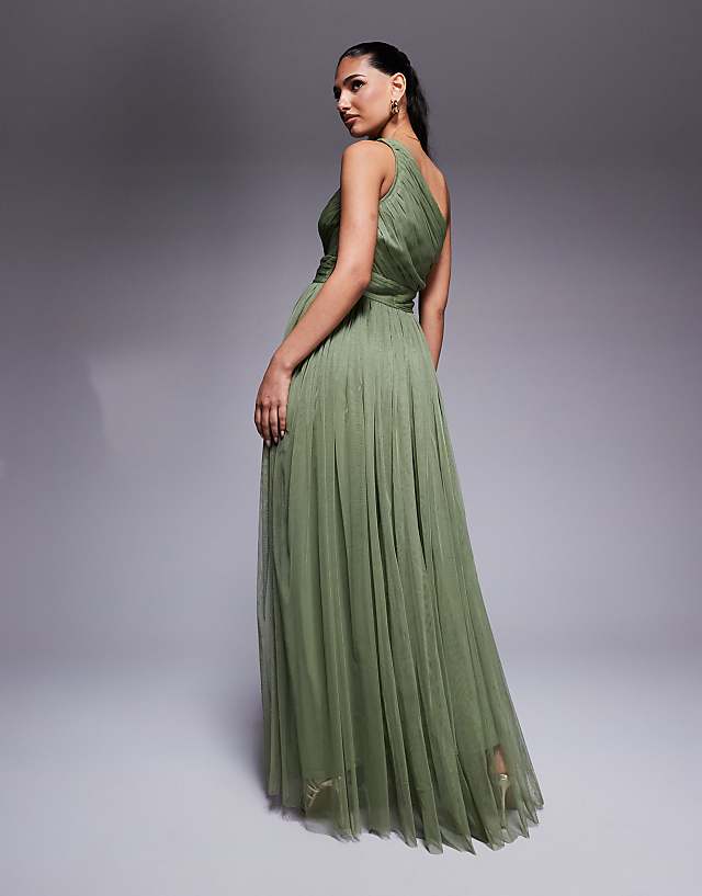 Asos Lace & Beads Bridesmaid One Shoulder Maxi Dress In Soft Olive