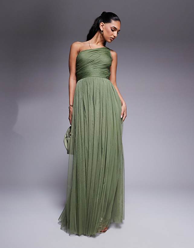 asos Lace & Beads Bridesmaid one shoulder maxi dress in soft olive