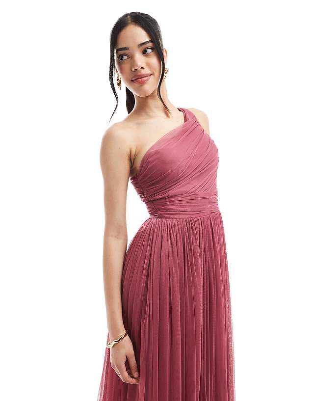 Asos Lace & Beads Bridesmaid One Shoulder Tulle Maxi Dress In Orchid