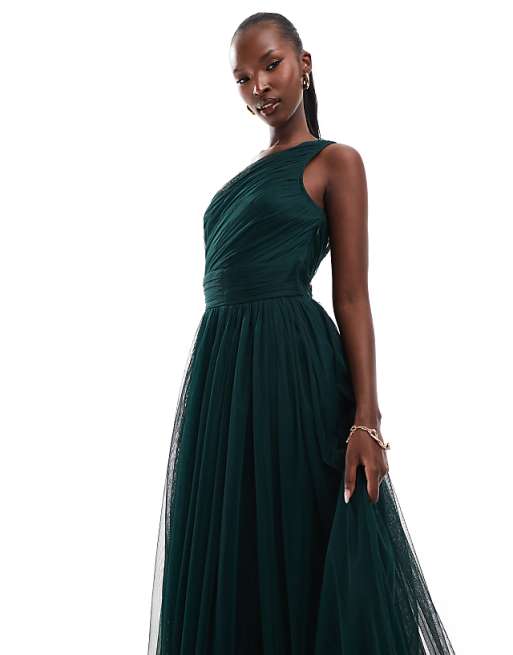 Asos Lace & Beads Bridesmaid One Shoulder Tulle Maxi Dress In Emerald