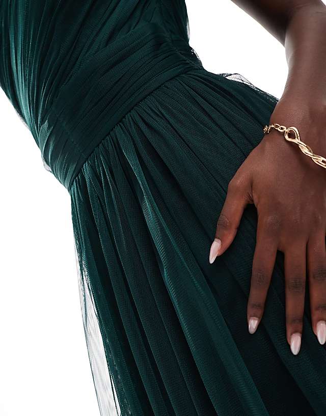 Asos Lace & Beads Bridesmaid One Shoulder Tulle Maxi Dress In Emerald