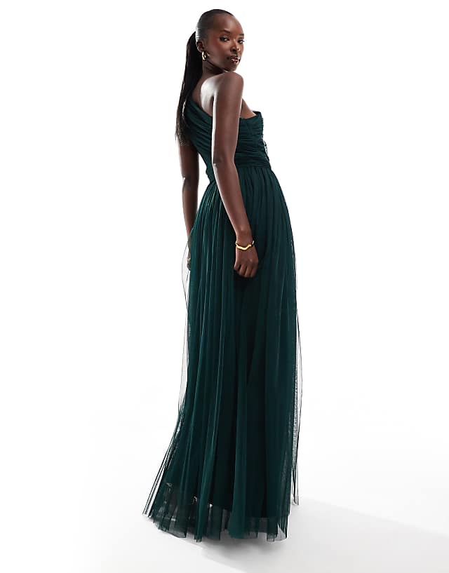 Asos Lace & Beads Bridesmaid One Shoulder Tulle Maxi Dress In Emerald