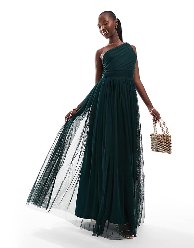 asos Lace & Beads Bridesmaid one shoulder tulle maxi dress in emerald