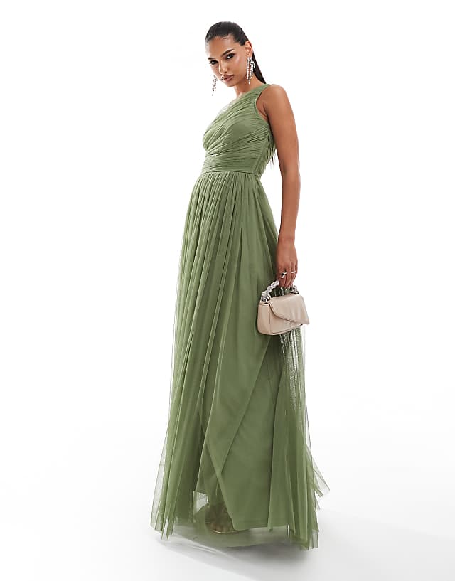 Asos Lace & Beads Bridesmaid One Shoulder Tulle Maxi Dress In Soft Olive