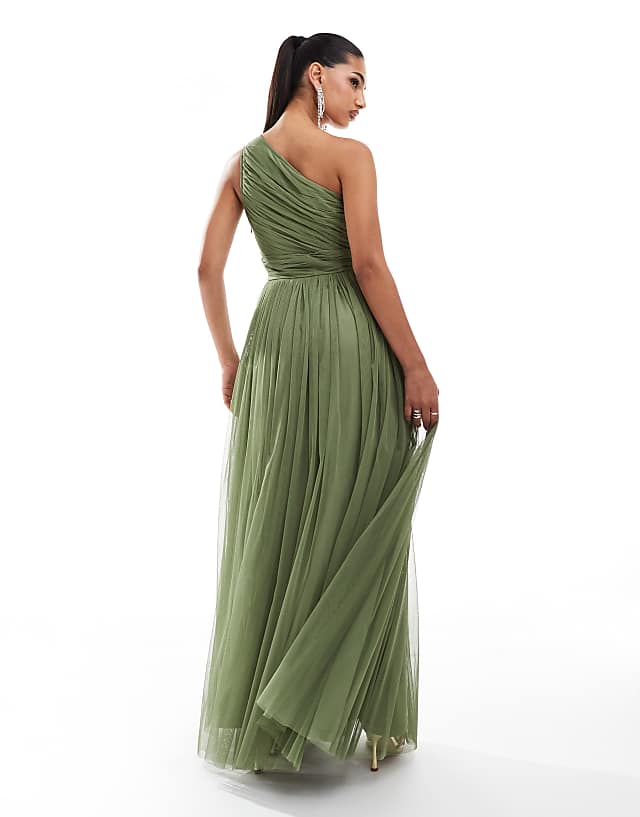 Asos Lace & Beads Bridesmaid One Shoulder Tulle Maxi Dress In Soft Olive