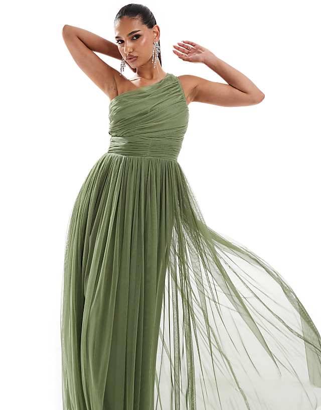 asos Lace & Beads Bridesmaid one shoulder tulle maxi dress in soft olive