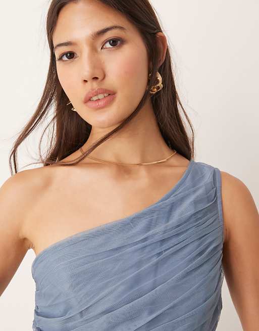 Asos Lace & Beads Bridesmaid One Shoulder Tulle Maxi Dress In Deep Blue