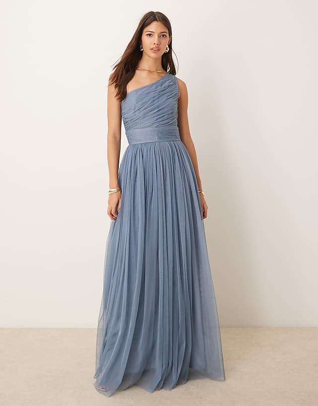 Asos Lace & Beads Bridesmaid One Shoulder Tulle Maxi Dress In Deep Blue