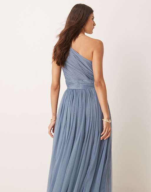 Asos Lace & Beads Bridesmaid One Shoulder Tulle Maxi Dress In Deep Blue