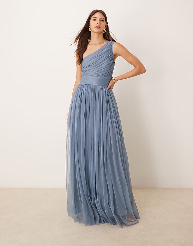 asos Lace & Beads Bridesmaid one shoulder tulle maxi dress in deep blue