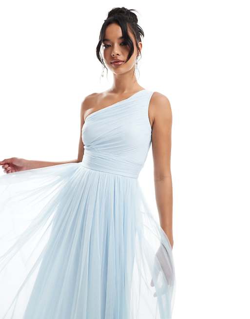 Asos Lace & Beads Bridesmaid One Shoulder Tulle Maxi Dress In Sky Blue