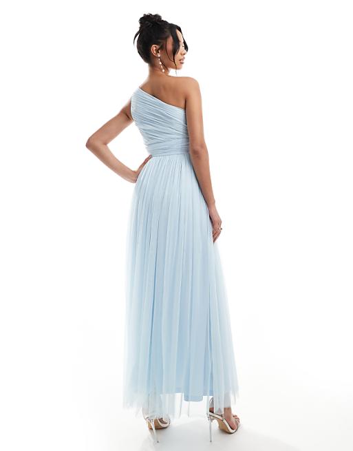 Asos Lace & Beads Bridesmaid One Shoulder Tulle Maxi Dress In Sky Blue