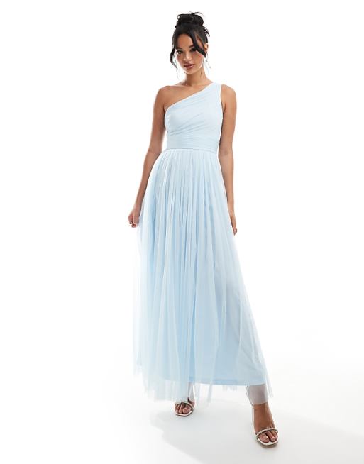 asos Lace & Beads Bridesmaid one shoulder tulle maxi dress in sky blue