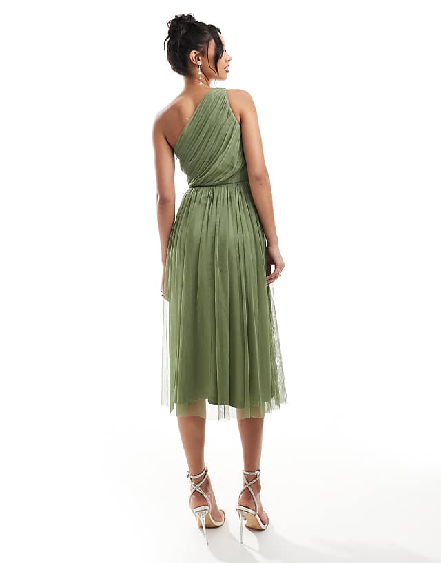 Asos Lace & Beads Bridesmaid One Shoulder Tulle Midi Dress In Soft Olive