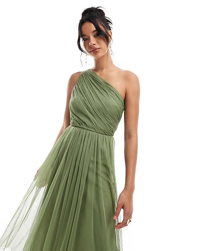 Asos Lace & Beads Bridesmaid One Shoulder Tulle Midi Dress In Soft Olive