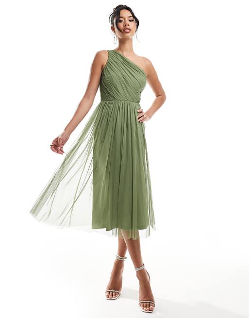 asos Lace & Beads Bridesmaid one shoulder tulle midi dress in soft olive