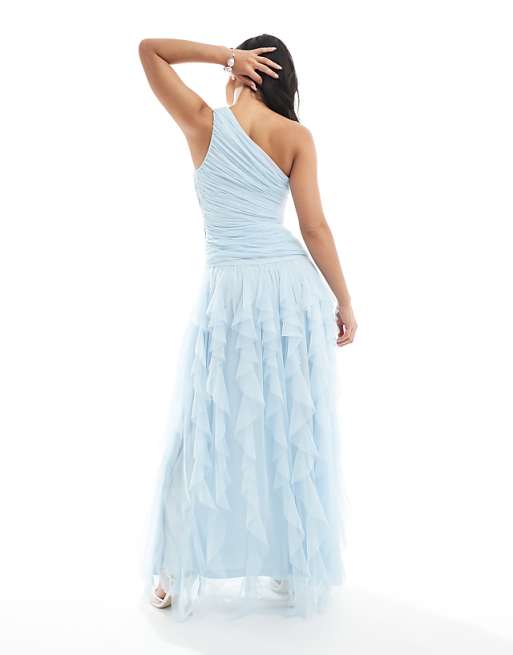 Asos Lace & Beads Bridesmaid One Shoulder Waterfall Ruffle Maxi Dress In Powder Blue