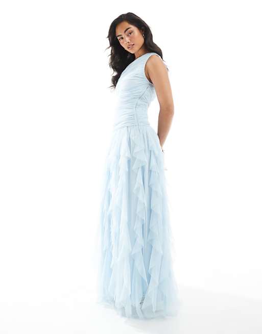 asos Lace & Beads Bridesmaid one shoulder waterfall ruffle maxi dress in powder blue