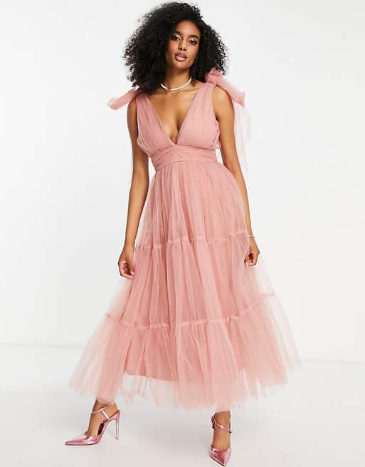 Asos Lace & Beads Bridesmaid Tiered Midaxi Dress In Blush