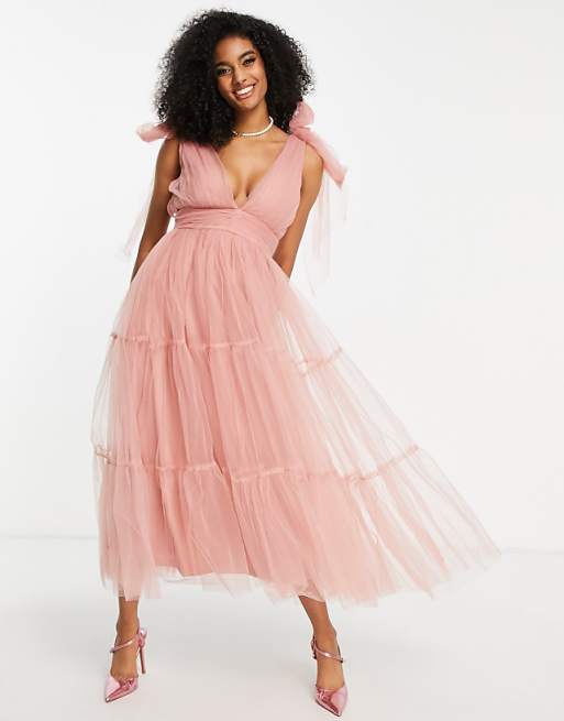 asos Lace & Beads Bridesmaid tiered midaxi dress in blush