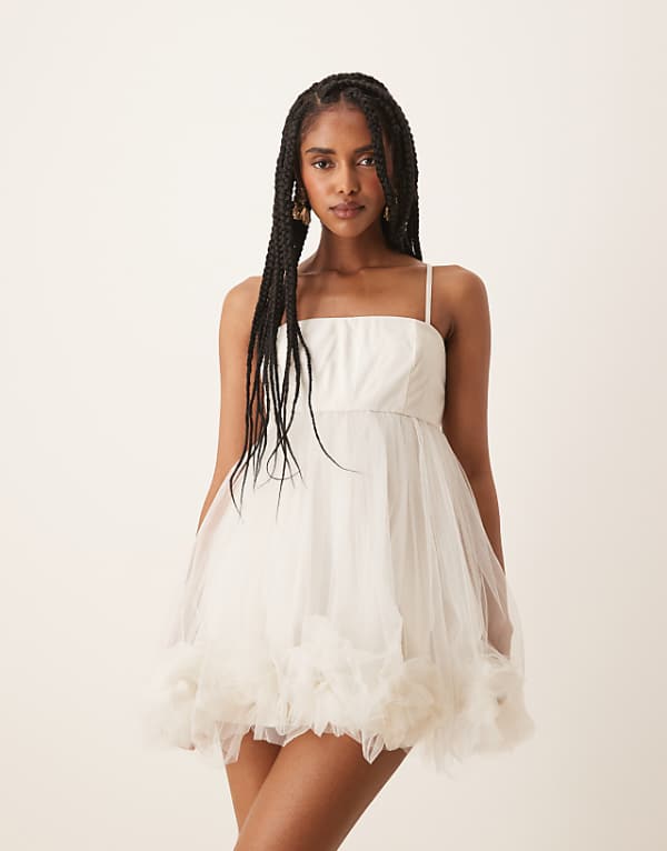 Asos Lace & Beads Bubble Hem Babydoll Mini Dress In Ivory
