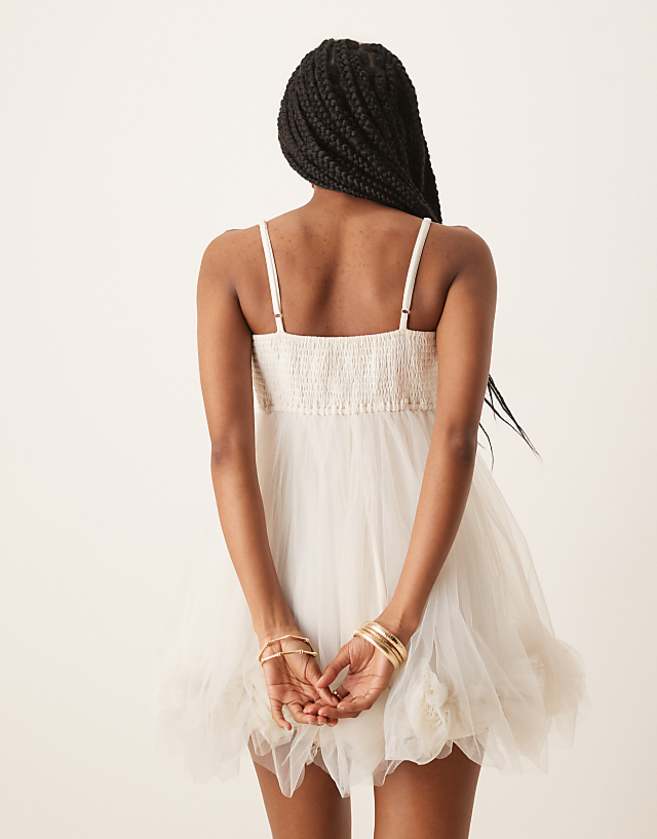 Asos Lace & Beads Bubble Hem Babydoll Mini Dress In Ivory