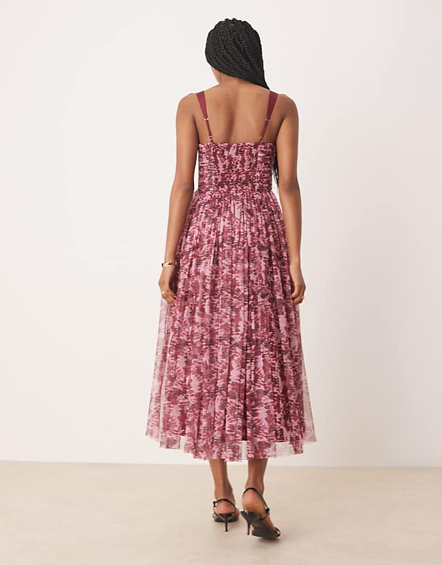 Asos Lace & Beads Corset Midi Dress In Berry Rose Floral