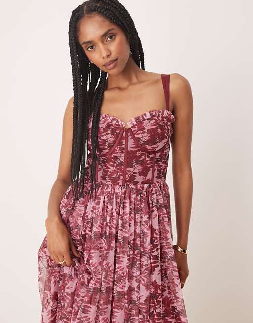 Asos Lace & Beads Corset Midi Dress In Berry Rose Floral
