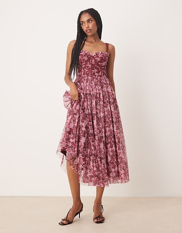 asos Lace & Beads corset midi dress in berry rose floral