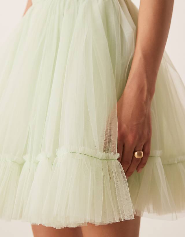 Asos Lace & Beads Corset Overlay Tulle Mini Dress In Pistachio Green