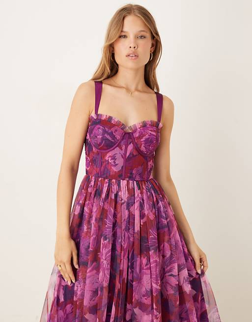 Asos Lace & Beads Corset Tulle Maxi Dress In Bright Pink Blurred Floral