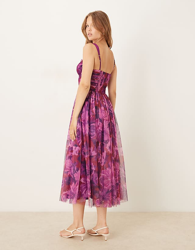 Asos Lace & Beads Corset Tulle Maxi Dress In Bright Pink Blurred Floral