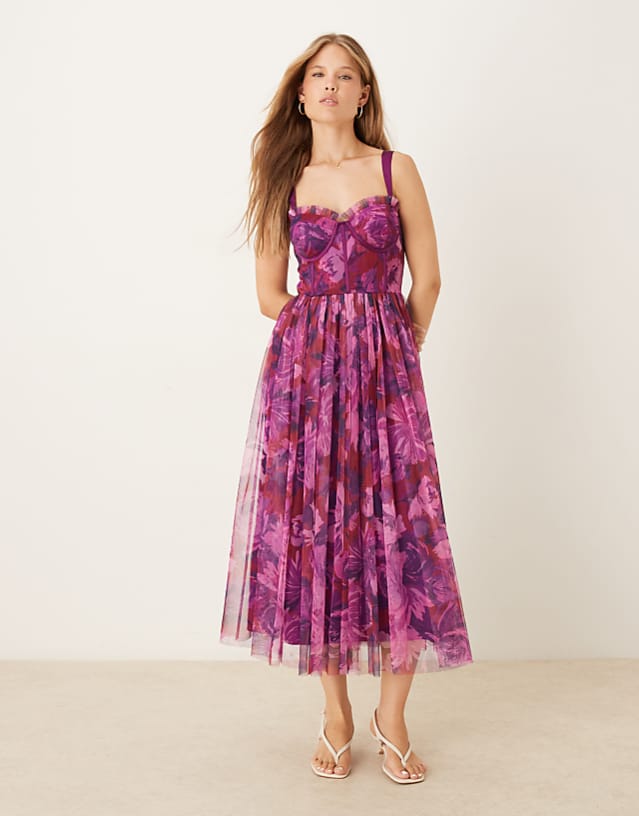 asos Lace & Beads corset tulle maxi dress in bright pink blurred floral