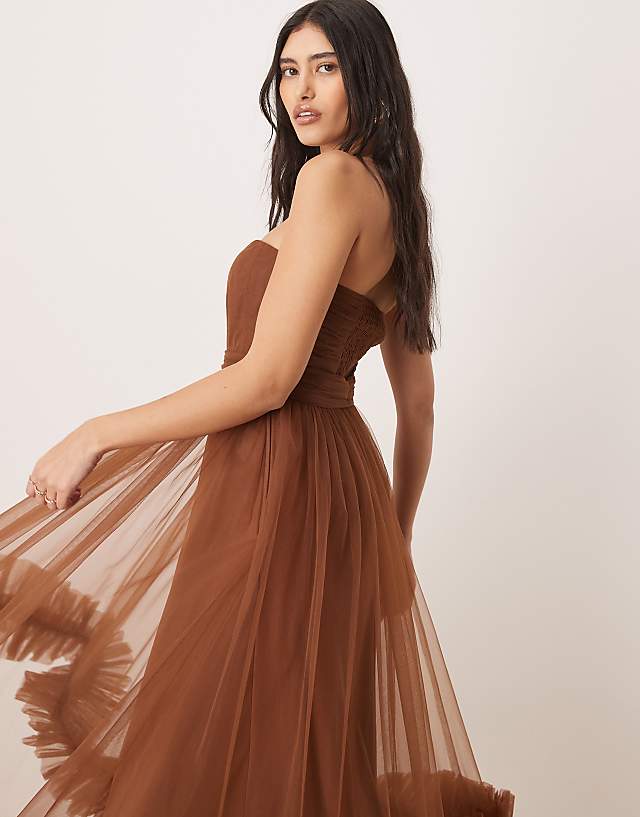 Asos Lace & Beads Corset Tulle Ruffle Hem Midaxi Dress In Brown