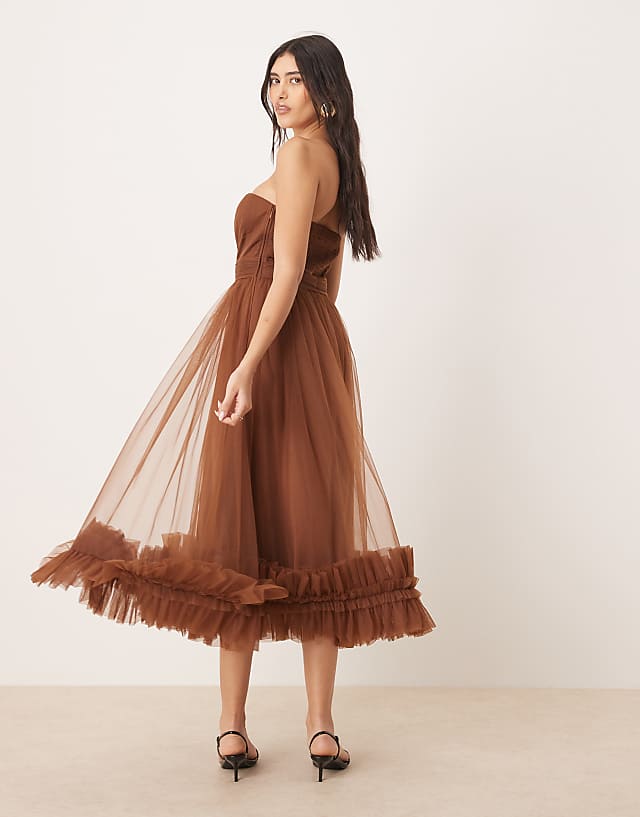 Asos Lace & Beads Corset Tulle Ruffle Hem Midaxi Dress In Brown