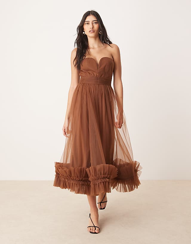 asos Lace & Beads corset tulle ruffle hem midaxi dress in brown