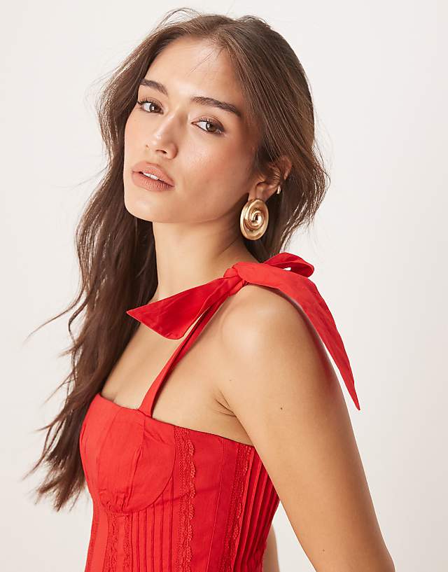 Asos Lace & Beads Cotton Drop Hem Micro Mini Dress In Cherry Red