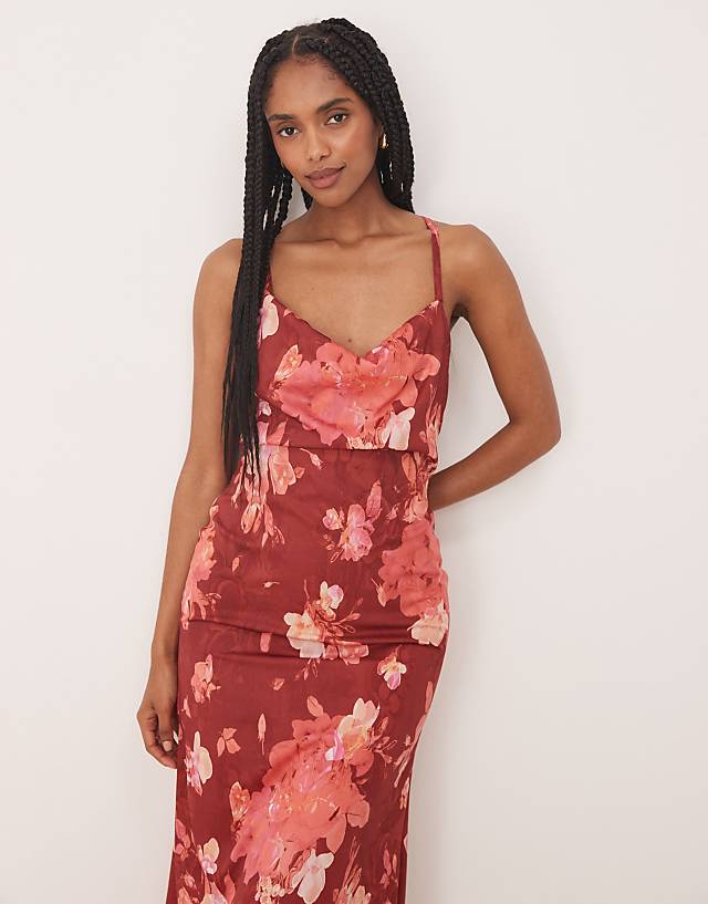 Asos Lace & Beads Cowl Neck Slip Maxi Dress In Red Rose Floral