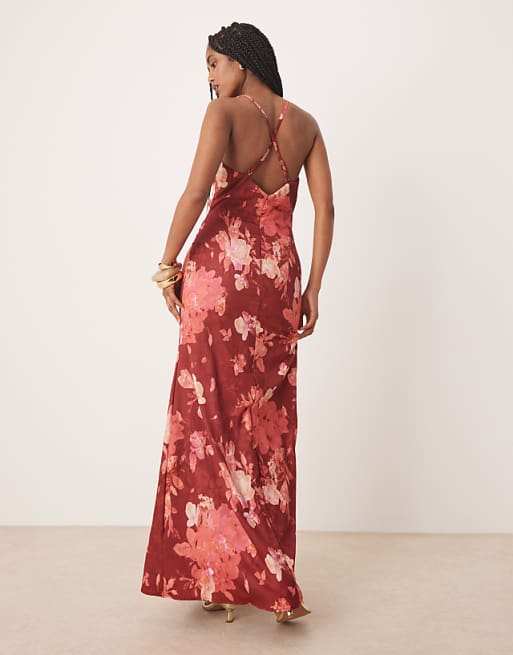 Asos Lace & Beads Cowl Neck Slip Maxi Dress In Red Rose Floral