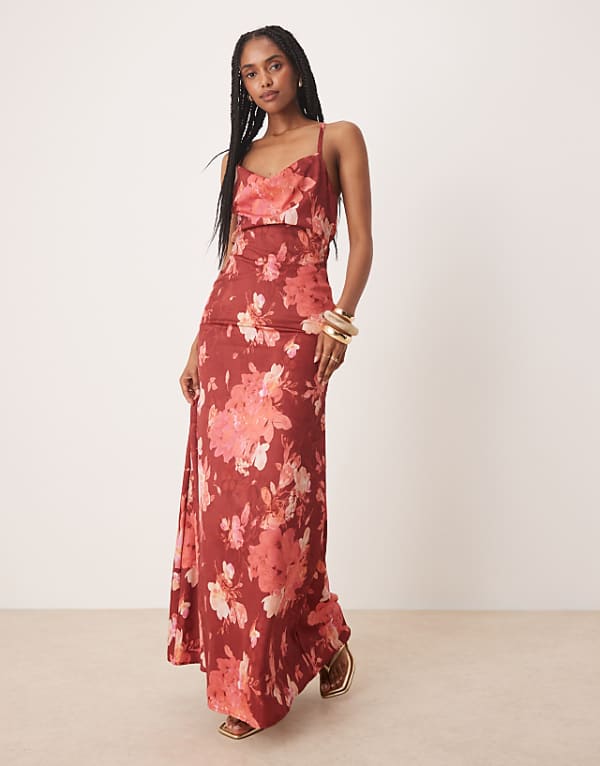 asos Lace & Beads cowl neck slip maxi dress in red rose floral