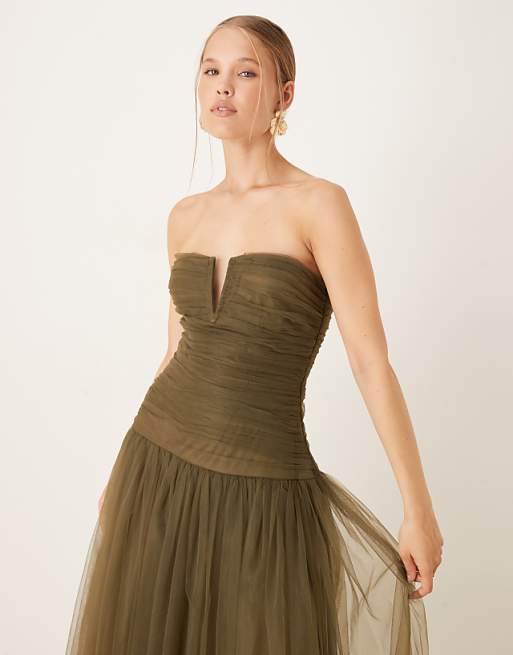 Asos Lace & Beads Drop Hem Tulle Midaxi Dress In deep Olive