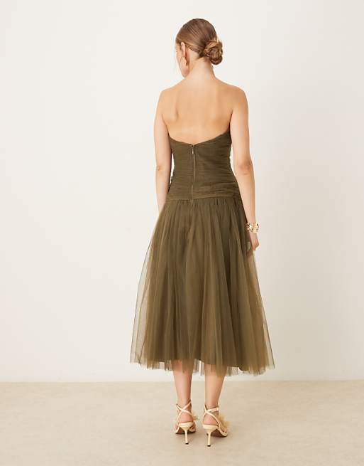 Asos Lace & Beads Drop Hem Tulle Midaxi Dress In deep Olive