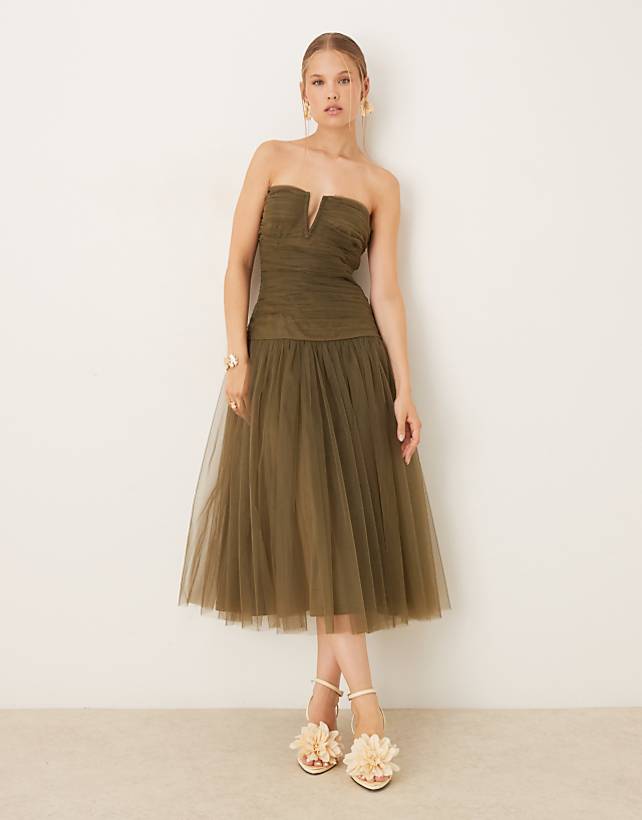 asos Lace & Beads drop hem tulle midaxi dress in deep olive